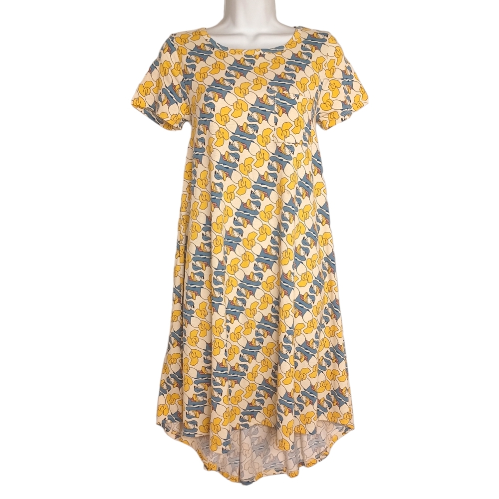 LULAROE DISNEY Donald Duck Sleeping Blue Yellow Print Short Sleeve Shift Dress